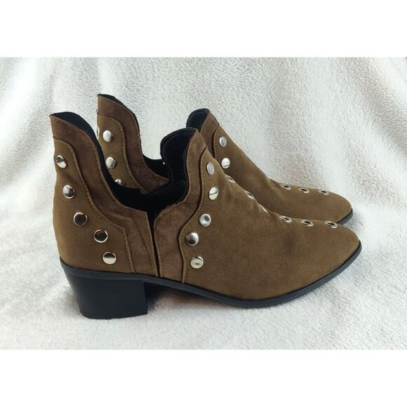 Studded Shoe Boot Two-Tone Brown Faux Leather Silver Studs Medium Block Heel - Picture 10 of 13